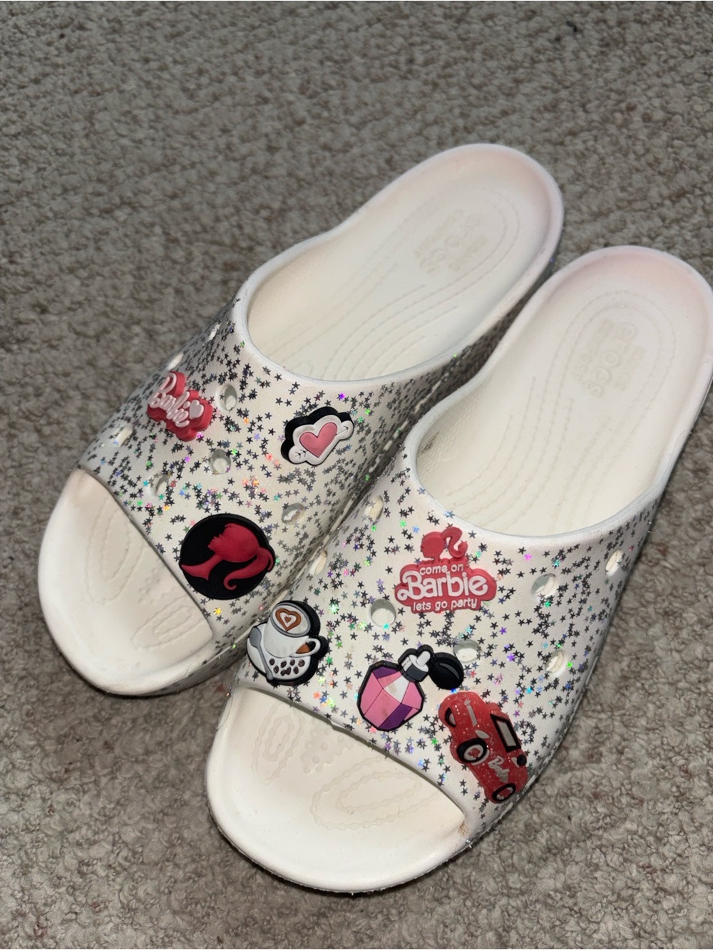 Crocs White Glitter Star Slides w/ Barbie Jibbitz Charms | Size 8